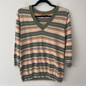 Modcloth Striped V Neck Sweater Green Multi Size L Stretch Colorful Boho Preppy